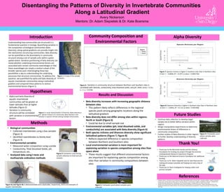 Disentangling the Patterns of Diversity in Invertebrate Communities
Along a Latitudinal Gradient
Avery Nickerson
Mentors: Dr. Adam Siepielski & Dr. Kate Boersma
References
Future Studies
Community Composition and
Environmental Factors
Introduction
Methods
Alpha Diversity
Results and Discussion
Hypotheses
Understanding how communities are structured is a
fundamental question in biology. Quantifying variation in
the composition of biological communities (beta
diversity), along spatial gradients can provide insight into
the mechanisms structuring communities. Beta diversity
can be quantified as the dissimilarity in community
structure among a set of sample units within a given
spatial extent. Variation partitioning of beta diversity can
reveal whether underlying environmental factors are
associated with certain community assemblages or that
these assemblages are simply a random subset of the
broader species pool. Disentangling these two
possibilities is key to understanding the underlying
processes that structure communities. To address this
question, we quantified the alpha and beta diversity of
aquatic invertebrate communities along a latitudinal
gradient and compared these patterns to various
environmental factors (Figure 1).
Figure 1: A map of the sample
locations
• Alpha and beta diversity of
aquatic invertebrate
communities will be greater at
lower latitudes than at higher
latitudes (Figure 2)
• Variation in community
structure will be correlated
with variation in environmental
factors
• Biological communities
• Collected invertebrates using a box sampler
(Figure 3)
• Identified invertebrates to family level
(Figure 4)
• Environmental variables
• Measured water composition using a probe
• Conductivity, Total Dissolved Solids, pH,
temperature, etc.
• Analyzed data using t-tests and
multivariate ordination methods
Figure 3: Containers used during
sample collection to hold and sort
samples
Figure 4a and Figure 4b: A Belostomatidae and a Dytiscidae, respectively, which are examples of
aquatic invertebrates
• Beta diversity increases with increasing geographic distance
between sites
• This pattern likely reflects differences in the regional
species pools among geographic locations along the
latitudinal gradient
• Beta diversity does not differ among sites within regions:
North or South (Figure 6)
• Could be due to small sample size
• Environmental variables (pH, total dissolved solids, and
conductivity) are associated with Beta diversity (Figure 6)
• Both species richness and Shannon diversity show significant
latitudinal patterns (Figure 7, Figure 8)
• Reflects expected difference in species composition
between Northern and Southern sites
• Local environmental variation is more important for
explaining variation in species composition among sites than
space alone
• These results suggest that different environmental factors
are important for explaining species composition among
sites than variation in community compositions between
sites
Figure 5: Freshwater pond where samples were
collected
Figure 6: Variation in community structure between Northern and Southern sites is
correlated with latitude, conductivity, total dissolved solids, and pH. (NMS: Stress = 0.151,
k = 2, p = 0.0196)
Figure 7: Species richness is higher in Southern sites than in Northern sites
(t-test: t = -4.8696, df = 15.875, p-value = 0.0001742)
Figure 8: Shannon diversity is higher in Southern sites than in Northern sites
(t-test: t = -3.6816, df = 15.113, p-value = 0.002196)
Figure 2: A visual representation of diversity. Alpha diversity is
the species richness of a community. Beta diversity is the
variation in species richness among multiple communities.
• Anderson, Marti J., Thomas O. Crist, Jonathan M. Chase, Mark Vellend, Brian D. Inouye, Amy L. Freestone, Nathan J. Sanders, Howard V.
Cornell, Liza S. Comita, Kendi F. Davies, Susan P. Harrison, Nathan J. B. Kraft, James C. Stegen, and Nathan G. Swenson. "Navigating the
Multiple Meanings of β Diversity: A Roadmap for the Practicing Ecologist." Ecology Letters 14.1 (2011): 19-28. Web.
• Astorga, Anna, Russell Death, Fiona Death, Riku Paavola, Manas Chakraborty, and Timo Muotka. "Habitat Heterogeneity Drives the
Geographical Distribution of Beta Diversity: The Case of New Zealand Stream Invertebrates." Ecology and Evolution 4.13 (2014): 2693-
702. Print.
Thank You!
• Thank you to the McCarthy Family and the Doheny
Foundation for funding my project through the Summer
Undergraduate Research Experience Program
• Thank you to the National Science Foundation for additional
funding
• Thank you to Dr. Adam Siepielski and Dr. Kate Boersma for
making this project possible and helping me every step of
the way
• Thank you to Team Enallagma for helping collect and
process samples
• Continue data collection to develop larger
sample size to better define variation within
regions
• Design manipulative experiments to determine
environmental drivers of differences in
community composition
• Further studies of Beta diversity in other regions
to further develop understanding of diversity
patterns
Figure 9: Freshwater pond
where samples were
collected
 