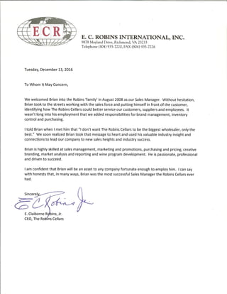 Robins Cellars Recommendation Letter
