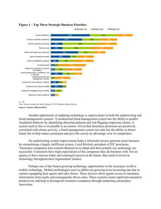 Figure 1 – Top Three Strategic Business Priorities
2%
2%
6%
4%
6%
2%
2%
4%
10%
14%
6%
6%
16%
20%
4%
2%
2%
2%
6%
6%
2%
8%
4%
8%
14%
18%
10%
14%
2%
2%
8%
4%
8%
14%
10%
8%
6%
12%
10%
8%
8%
Attract and retain workforce
Implement strategies around mobility
Introduce new revenue models
Expand into new markets or regions
Implement finance and
management controls
Improve governance, compliance, risk
or security
Create new products or services
(innovation)
Increase growth
Improve profitability (margins)
Deliver operational results
Attract and retain new customers
Reduce costs
Improve business processes
Improve customer experience
Improve efficiency
Ranked 1st Ranked 2nd Ranked 3rd
n = 50
Note: Survey results are from Gartner's 2013 Business Buyer Survey.
Source: Gartner (March 2014)
Another opportunity of updating technology is improvement in both the underwriting and
fraud management systems. A modernized fraud management system has the ability to predict
fraudulent behavior by identifying abnormal patterns and red-flagging suspicious claims. A
system such as this is invaluable to an insurer. Given that insurance premiums are positively
correlated with claims activity, a fraud management system not only has the ability to detect
fraud, but to help reduce premiums and give the carrier an advantage over its competitors.
An underwriting system improvement helps a wholesale insurer generate more business
by streamlining a largely inefficient system. Laird Rixford, president of ITC proclaims,
“Insurance companies who commit themselves to adopt and then actually use technology are
successful. Consumers have high expectations of the companies they do business with. For an
agency to have success today and continued success in the future, they need to invest in
technology throughout their organization”(Jacks).
Perhaps one of the fastest-growing technology opportunities in the insurance world is
mobile technology. Mobile technologies such as tablets are growing at an increasing rate due to
carriers equipping their agents and sales forces. These devices allow agents access to insurance
information more easily and consequently drives sales. These systems create rapid turn-around in
productivity and help to distinguish insurance companies through marketing and product
innovation.
 