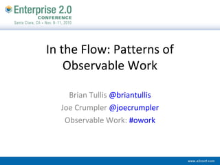 In the Flow: Patterns of
Observable Work
Brian Tullis @briantullis
Joe Crumpler @joecrumpler
Observable Work: #owork
 