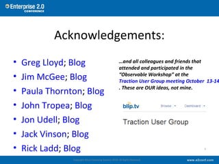Acknowledgements:
• Greg Lloyd; Blog
• Jim McGee; Blog
• Paula Thornton; Blog
• John Tropea; Blog
• Jon Udell; Blog
• Jack...