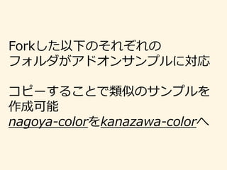 Forkした以下のそれぞれの
フォルダがアドオンサンプルに対応
コピーすることで類似のサンプルを
作成可能
nagoya-colorをkanazawa-colorへ
 