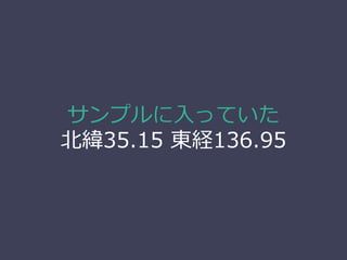 サンプルに入っていた
北緯35.15 東経136.95
名古屋の中心は川名でした
 