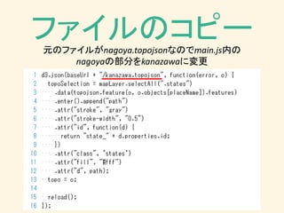 ファイルのコピー元のファイルがnagoya.topojsonなのでmain.js内の
nagoyaの部分をkanazawaに変更
 