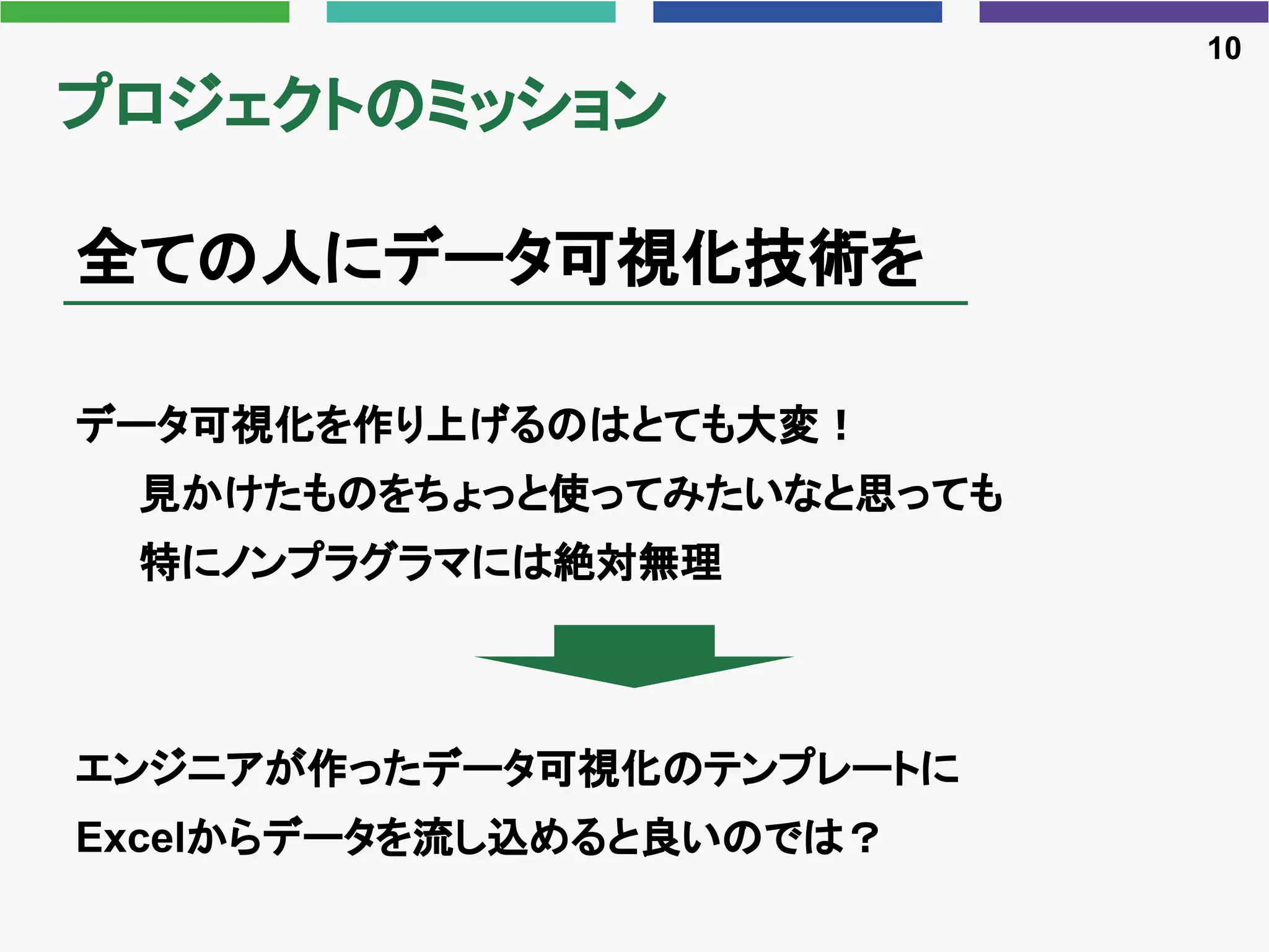 プロジェクトのミッション
全ての人にデータ可視化技術を
データ可視化を作り上げるのはとても大変！
見かけたものをちょっと使ってみたいなと思っても
特にノンプラグラマには絶対無理
エンジニアが作ったデータ可視化のテンプレートに
Excelからデータを流し込めると良いのでは？
10
 
