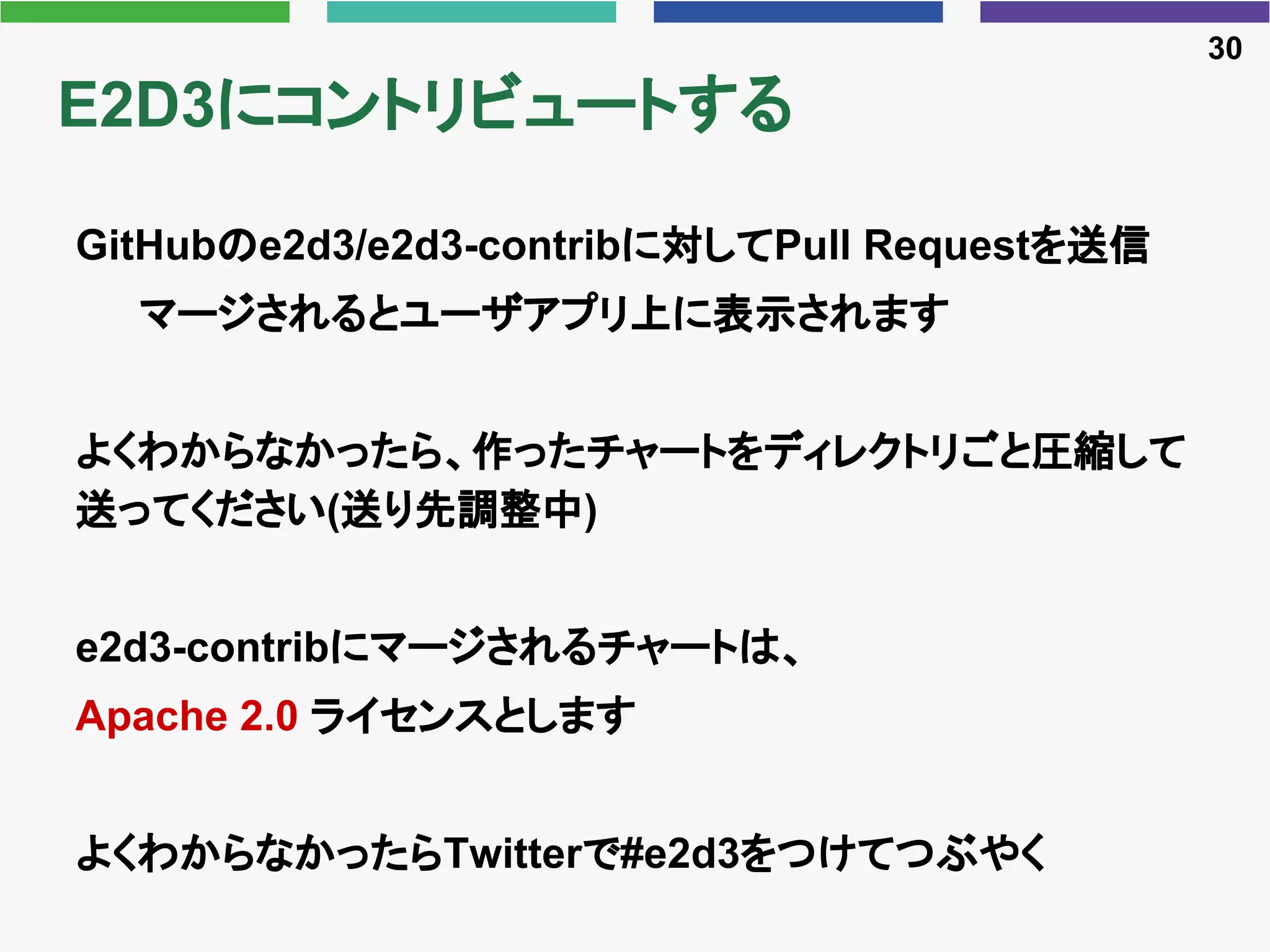 E2D3にコントリビュートする
GitHubのe2d3/e2d3-contribに対してPull Requestを送信
マージされるとユーザアプリ上に表示されます
よくわからなかったら、作ったチャートをディレクトリごと圧縮して
送ってください(送り先調整中)
e2d3-contribにマージされるチャートは、
Apache 2.0 ライセンスとします
よくわからなかったらTwitterで#e2d3をつけてつぶやく
30
 