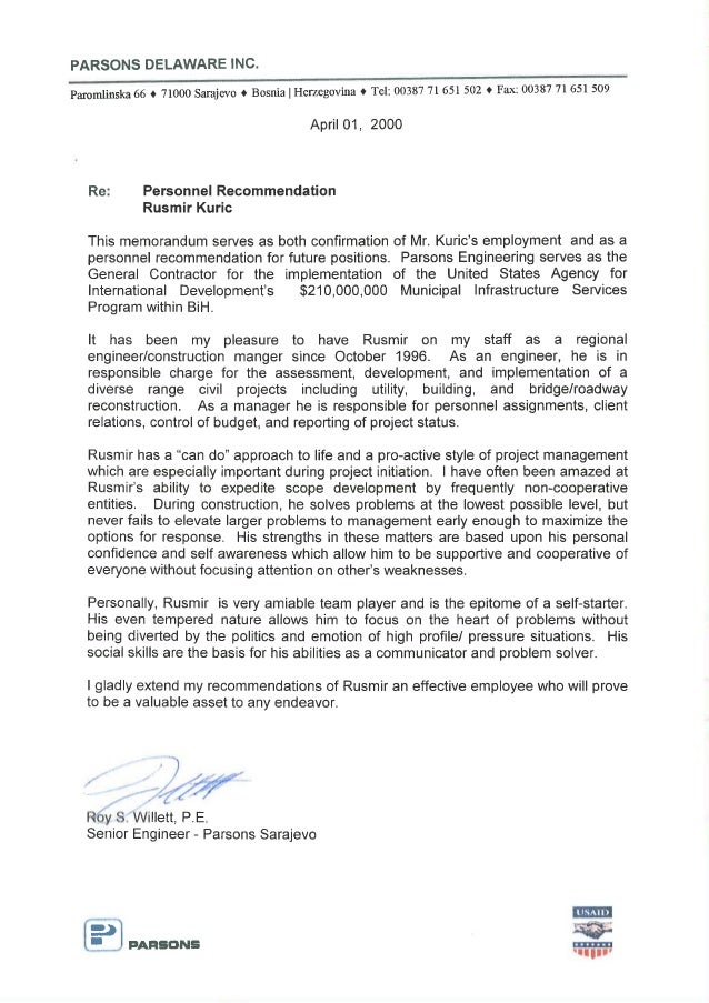 recommendation letter parsons senior regional engineer rw utility reference letter