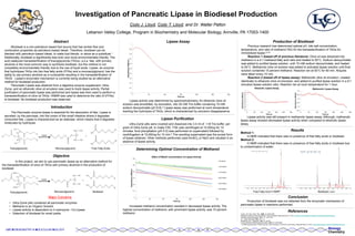 Investigation of Pancreatic Lipase in Biodiesel Production
Cody J. Lloyd, Cody T. Lloyd, and Dr. Walter Patton
Lebanon Valley College, Program in Biochemistry and Molecular Biology, Annville, PA 17003-1400
Abstract
LVC BIOCHEMISTRY & MOLECULAR BIOLOGY B BMC
Chemistry
Biology
Introduction
Objective
Lipase Assay
Lipase Purification
Production of Biodiesel
Results
Conclusion
References
Major Concerns
Biodiesel is a non-petroleum based fuel source that has similar flow and
combustion properties as petroleum-based diesel. Therefore, biodiesel can be
blended with petroleum-based diesel, to make fuel blends, or alone as a substitute.1
Additionally, biodiesel is significantly less toxic and more environmentally friendly. The
acid catalyzed transesterification of triacylglycerols (TAGs), a.k.a. fats, with primary
alcohols is the most common way to synthesis biodiesel, but this method is not
completely environmentally friendly due to the use of liquid acids. Lipase, an enzyme
that hydrolyses TAGs into two free fatty acids (FFAs) and a monoacylglycerol, has the
ability to use primary alcohols as a nucleophile resulting in the transesterification of
TAGS. Lipase’s enzymatic mechanism is currently being studied as an alternative
method for biodiesel production.
Pancreatic Lipase was obtained from a digestive enzyme supplement, Ultra-
Zyme, and an ethanolic olive oil emulsion was used to track lipase activity. Partial
purification of pancreatic lipase was performed and lipase was then used to perform a
transesterification of olive oil TAGs. HNMR was used to determine the ratio of (FFAs)
to biodiesel. No biodiesel production was observed.
In this project, we aim to use pancreatic lipase as an alternative method for
the transesterification of olive oil TAGs with primary alcohols in the production of
biodiesel.
O CH
H2C
H2C
O
O
O
C
O
R3
R2
R1
O
H2O
H2O
Triacylglycerols
R2 O CH
H2C OH
H2C OH
O
HO
R1
O
HO
R3
O
1
2
Monoacylglycerol Free Fatty Acids
O CH
H2C
H2C
O
O
O
C
O
R3
R2
R1
O
MeOH
MeOH
Lipase
1
2
Lipase
H3C
O R1
O
H3C
O R3
O
R2 O CH
H2C OH
H2C OH
O
MonoacylglycerolTriacylglycerols Biodiesel
The Pancreatic enzyme lipase is essential for the absorption of fats. Lipase is
secreted, by the pancreas, into the lumen of the small intestine where it degrades
consumed fats. Lipase is characterized as an esterase, which means that it degrades
molecules by hydrolysis.
• Ultra-Zyme pills contained all pancreatic enzymes
• Methanol is an Organic Solvent
• Lipase activity is dependent on it coenzyme - Co-Lipase
• Detection of biodiesel for small yields
Free Fatty Acid H NMR4 Biodiesel H NMR4
0
0.1
0.2
0.3
0.4
0.5
0.6
0 50 100 150 200 250 300
Absorbance(400nm)
Time (s)
Effect of MeOH concentration of Lipase Activity
5% MeOH
10% MeOH
15% MeOH
20% MeOH
25% MeOH
30% MeOH
0
0.1
0.2
0.3
0.4
0.5
0.6
0.7
0.8
0.9
1
0 50 100 150 200 250 300
Absorbance(400nm)
Time (s)
0
0.1
0.2
0.3
0.4
0.5
0.6
0.7
0.8
0.9
1
0 50 100 150 200 250 300
Absorbance(400nm)
Time (s)
Ethanolic Lipase Assay
1.35
1.4
1.45
1.5
1.55
1.6
0 50 100 150 200 250 300
Absorbance(400nm)
Time (s)
Methanolic Lipase Assay
Lipase activity was determined by spectrophotometry. An ethanolic olive oil
solution was emulsified, by sonication, into 25 mM Tris buffer containing 15 mM
sodium deoxycholate (pH 8.8).3 Lipase assay was performed at room temperature
tracking the hydrolysis of TAGs, which is characterized by emulsion disappearance.
Ultra-Zyme pills were crushed and dissolved into 3.5 ml of .1 M Tris buffer, per
gram of Ultra-Zyme pill, to make FSE. FSE was centrifuged at 10,000xg for 10
minutes. Acid precipitation (pH 5.0) was performed on supernatant followed by
centrifugation at 10,000xg for 10 min.4 The resulting supernatant was the purest form
of lipase obtained. Other methods performed used AmSO4 or NaCl and resulted in an
absence of lipase activity.
Determining Optimal Concentration of Methanol
Increased methanol concentration resulted in decreased lipase activity. The
highest concentration of methanol, with prominent lipase activity, was 15 percent
methanol.
Method 1:
H NMR indicated that there was no presence of free fatty acids or biodiesel.
Method 2:
H NMR indicated that there was no presence of free fatty acids or biodiesel due
to contamination of water.
c
Previous research has determined optimal pH, bile salt concentration,
temperature, and ratio of methanol:TAG for the transesterification of TAGs for
immobilized lipase.5,3,6
Reaction 1 (based off of previous literature): Olive oil was dissolved into
methanol in a 4:1 methanol:fatty acid ratio and heated to 50°C. Sodium deoxycholate
was added to purified lipase solution, until 15 mM sodium deoxycholate, and heated
to 50°C. Methanolic olive oil solution was added to activated lipase solution until final
solution contained 15 percent methanol. Reaction ran at 50°C for 60 min. Aliquots
were taken every 10 min.
Reaction 2 (based off of lipase assay): Methanolic olive oil emulsion, created
identically to ethanolic olive oil emulsion, and added to purified lipase solution in a 9:1
emulsion:lipase solution ratio. Reaction ran at room temperature for 1 hour.
1Lotero, Ind. Eng. Chem. Res., 2005, 44, 5353-5363
2Biodiesel, America’s Advanced Biofuel. Gorge Analytical. Retrieved April 10, 2015, fromhttp://www.biodiesel.org/what-is-biodiesel/biodiesel-basics
3Shihabi, Clinical Chemistry. 1971, 17, 1151-1153
4Ji, J. Basic Microbiol. 2015, 54, 1–11
5Borgstrom, Eur. J. Biochem, 1973, 37, 60-68
6 Leca, Romanian Biotechnological Letters, 2010, 15, 5618-5630
7 1H-NMR Spectroscopy of Fatty Acids and Their Derivatives. The AOCS Lipid Library. Retrieved April 10, 2015, http://lipidlibrary.aocs.org/nmr/1NMRsat/index.htm
Lipase activity was still present in methanolic lipase assay. Although, methanolic
lipase assay showed decreased lipase activity when compared to ethanolic lipase
assay.
Production of biodiesel was not obtained from the enzymatic mechanism of
pancreatic lipase in reactions performed.
 