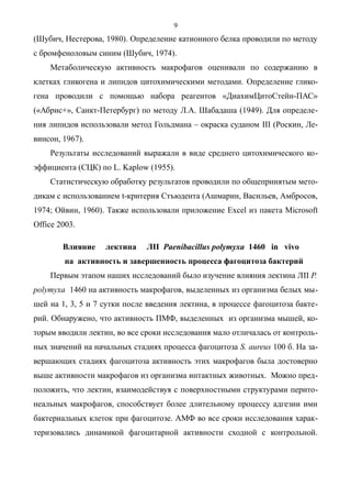(Шубич, Нестерова, 1980). Определение катионного белка проводили по методу
с бромфеноловым синим (Шубич, 1974).
Метаболическую активность макрофагов оценивали по содержанию в
клетках гликогена и липидов цитохимическими методами. Определение глико-
гена проводили с помощью набора реагентов «ДиахимЦитоСтейн-ПАС»
(«Абрис+», Санкт-Петербург) по методу Л.А. Шабадаша (1949). Для определе-
ния липидов использовали метод Гольдмана – окраска суданом III (Роскин, Ле-
винсон, 1967).
Результаты исследований выражали в виде среднего цитохимического ко-
эффициента (СЦК) по L. Kaplow (1955).
Статистическую обработку результатов проводили по общепринятым мето-
дикам с использованием t-критерия Стъюдента (Ашмарин, Васильев, Амбросов,
1974; Ойвин, 1960). Также использовали приложение Excel из пакета Microsoft
Office 2003.
Влияние лектина ЛII Paenibacillus polymyxa 1460 in vivo
на активность и завершенность процесса фагоцитоза бактерий
Первым этапом наших исследований было изучение влияния лектина ЛII P.
polymyxa 1460 на активность макрофагов, выделенных из организма белых мы-
шей на 1, 3, 5 и 7 сутки после введения лектина, в процессе фагоцитоза бакте-
рий. Обнаружено, что активность ПМФ, выделенных из организма мышей, ко-
торым вводили лектин, во все сроки исследования мало отличалась от контроль-
ных значений на начальных стадиях процесса фагоцитоза S. aureus 100 б. На за-
вершающих стадиях фагоцитоза активность этих макрофагов была достоверно
выше активности макрофагов из организма интактных животных. Можно пред-
положить, что лектин, взаимодействуя с поверхностными структурами перито-
неальных макрофагов, способствует более длительному процессу адгезии ими
бактериальных клеток при фагоцитозе. АМФ во все сроки исследования харак-
теризовались динамикой фагоцитарной активности сходной с контрольной.
9
 