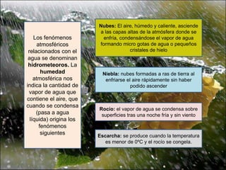 Los fenómenos
atmosféricos
relacionados con el
agua se denominan
hidrometeoros. La
humedad
atmosférica nos
indica la cantidad de
vapor de agua que
contiene el aire, que
cuando se condensa
(pasa a agua
líquida) origina los
fenómenos
siguientes
Nubes: El aire, húmedo y caliente, asciende
a las capas altas de la atmósfera donde se
enfría, condensándose el vapor de agua
formando micro gotas de agua o pequeños
cristales de hielo
Niebla: nubes formadas a ras de tierra al
enfriarse el aire rápidamente sin haber
podido ascender
Rocío: el vapor de agua se condensa sobre
superficies tras una noche fría y sin viento
Escarcha: se produce cuando la temperatura
es menor de 0ºC y el rocío se congela.
 