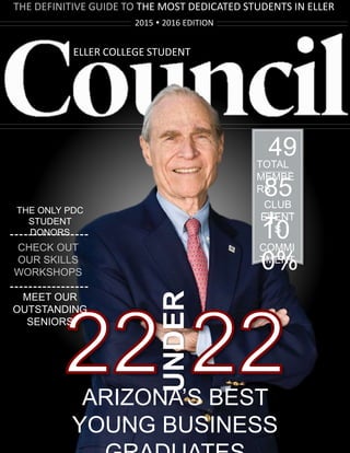 THE DEFINITIVE GUIDE TO THE MOST DEDICATED STUDENTS IN ELLER
2015  2016 EDITION
49TOTAL
MEMBE
RS85
+
CLUB
EVENT
S
10
0%
COMMI
TMENT
UNDER
ARIZONA’S BEST
YOUNG BUSINESS
THE ONLY PDC
STUDENT
DONORS
MEET OUR
OUTSTANDING
SENIORS
CHECK OUT
OUR SKILLS
WORKSHOPS
ELLER COLLEGE STUDENT
 