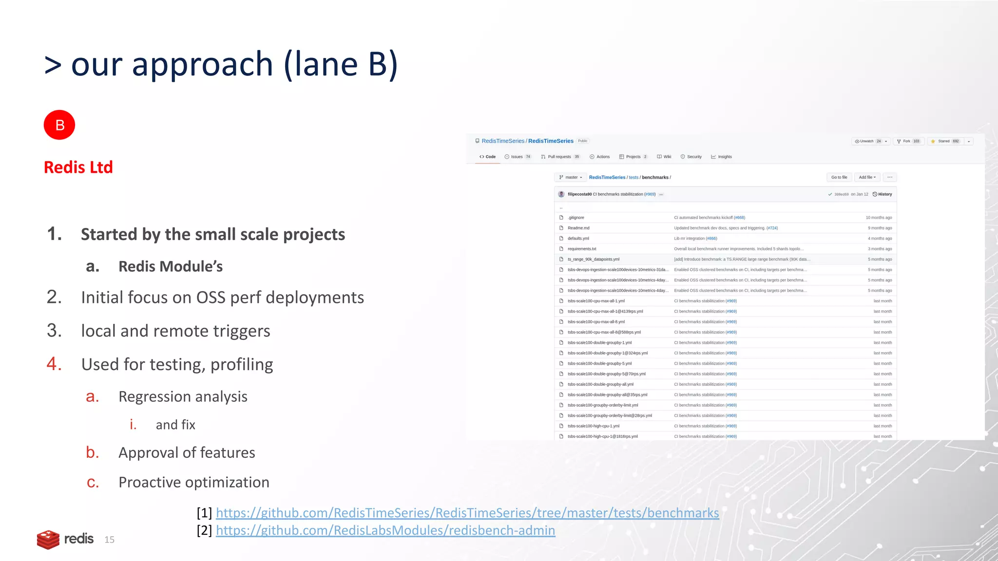 > our approach (lane B) 15 Redis Ltd 1. Started by the small scale projects a. Redis Module’s 2. Initial focus on OSS perf deployments 3. local and remote triggers 4. Used for testing, profiling a. Regression analysis i. and fix b. Approval of features c. Proactive optimization B [1] https://github.com/RedisTimeSeries/RedisTimeSeries/tree/master/tests/benchmarks [2] https://github.com/RedisLabsModules/redisbench-admin 