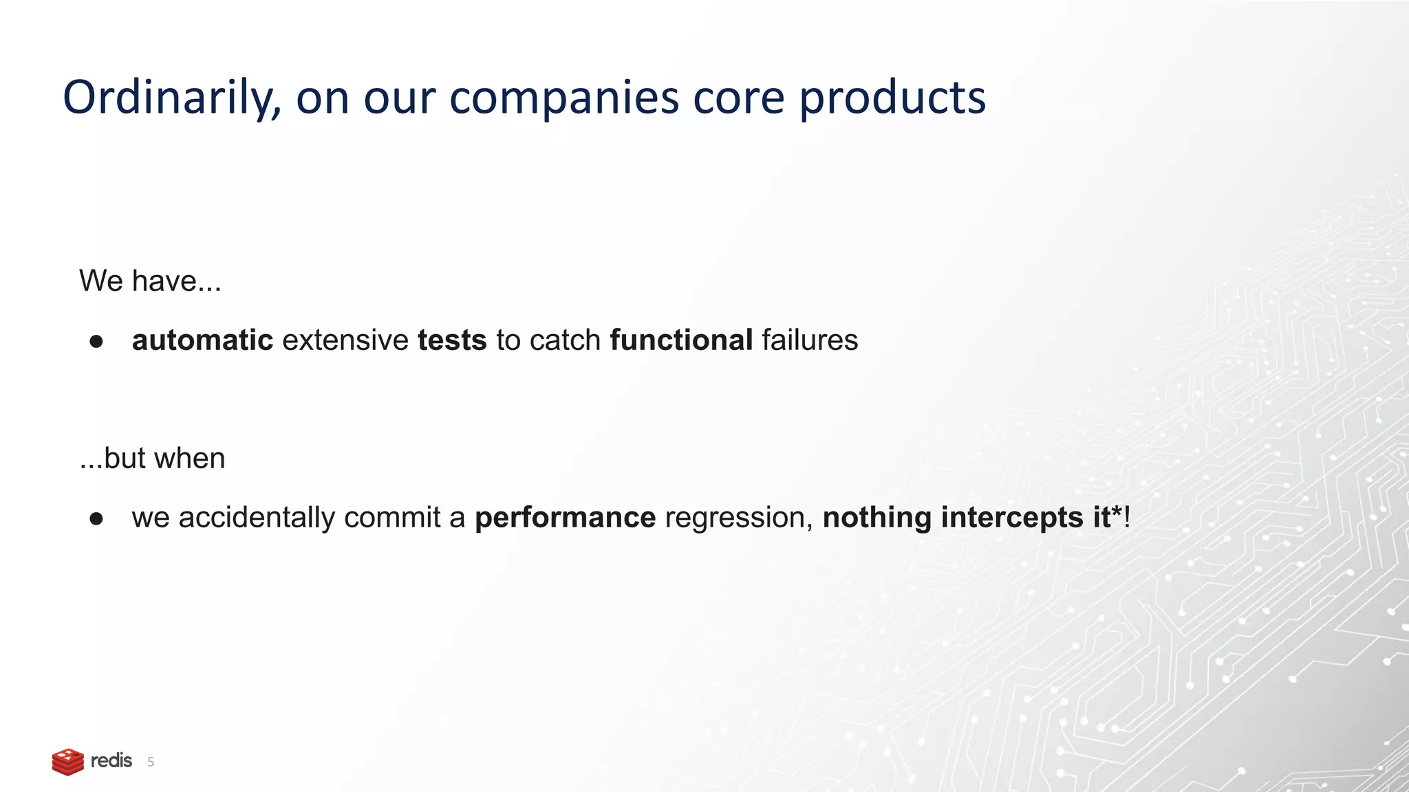 Ordinarily, on our companies core products 5 We have... ● automatic extensive tests to catch functional failures ...but when ● we accidentally commit a performance regression, nothing intercepts it*! 