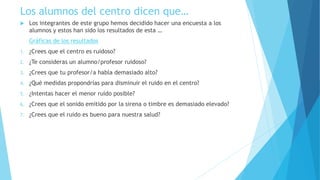 Los alumnos del centro dicen que…
 Los integrantes de este grupo hemos decidido hacer una encuesta a los
alumnos y estos han sido los resultados de esta …
Gráficas de los resultados
1. ¿Crees que el centro es ruidoso?
2. ¿Te consideras un alumno/profesor ruidoso?
3. ¿Crees que tu profesor/a habla demasiado alto?
4. ¿Qué medidas propondrías para disminuir el ruido en el centro?
5. ¿Intentas hacer el menor ruido posible?
6. ¿Crees que el sonido emitido por la sirena o timbre es demasiado elevado?
7. ¿Crees que el ruido es bueno para nuestra salud?
 