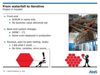 | Gerlof Hoekstra| © Atos
From waterfall to iterative
Project in trouble!
▶ Front-end
▶ SCRUM in name only
▶ No business v...