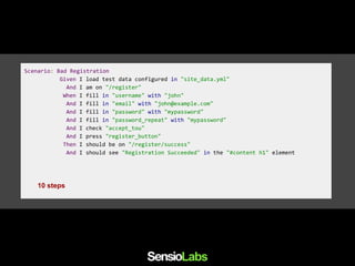 Scenario: Bad Registration
Given I load test data configured in "site_data.yml"
And I am on "/register"
When I fill in "username" with "john"
And I fill in "email" with "john@example.com"
And I fill in "password" with "mypassword"
And I fill in "password_repeat" with "mypassword"
And I check "accept_tou"
And I press "register_button"
Then I should be on "/register/success"
And I should see "Registration Succeeded" in the "#content h1" element
10 steps
 