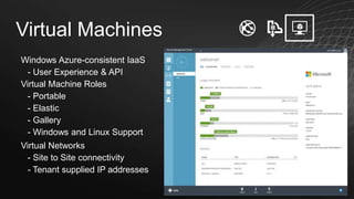 Virtual Machines
Windows Azure-consistent IaaS
- User Experience & API
Virtual Machine Roles
- Portable
- Elastic
- Gallery
- Windows and Linux Support
Virtual Networks
- Site to Site connectivity
- Tenant supplied IP addresses

 