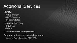 Additional Services
Identity
- Active Directory
- ADFS Federation
- Co-administrators

Database Services
- SQL Server
- MySQL

Custom services from provider
Programmatic access to cloud services
- Windows Azure Consistent REST APIs

 