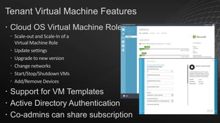 Tenant Virtual Machine Features
 Cloud OS Virtual Machine Role
 Scale-out and Scale-In of a
Virtual Machine Role
 Update settings
 Upgrade to new version
 Change networks
 Start/Stop/Shutdown VMs
 Add/Remove Devices

 Support for VM Templates
 Active Directory Authentication
 Co-admins can share subscription

 