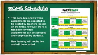 ECMS Schedule
• This schedule shows when
assignments are expected to
be posted by teachers (based
on the time); however, there is
flexibility for when
assignments can be accessed
and completed by students.
New learning will not be live
and will be recorded
 