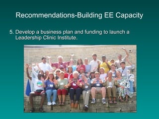 Recommendations-Building EE Capacity
5. Develop a business plan and funding to launch aDevelop a business plan and funding to launch a
Leadership Clinic InstituteLeadership Clinic Institute.
 