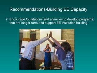 Recommendations-Building EE Capacity
7. Encourage foundations and agencies to develop programs
that are longer term and support EE institution building.
 