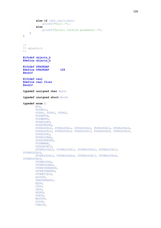 109
else if (dfn_isnil(obj))
printf("nulln");
else
printf("print: invalid parametern");
}
}
/*
** objects.h
*/
#ifndef objects_h
#define objects_h
#ifndef STACKGAP
#define STACKGAP 128
#endif
#ifndef real
#define real float
#endif
typedef unsigned char Byte;
typedef unsigned short Word;
typedef enum {
NOP,
PUSHNIL,
PUSH0, PUSH1, PUSH2,
PUSHBYTE,
PUSHWORD,
PUSHFLOAT,
PUSHSTRING,
PUSHLOCAL0, PUSHLOCAL1, PUSHLOCAL2, PUSHLOCAL3, PUSHLOCAL4,
PUSHLOCAL5, PUSHLOCAL6, PUSHLOCAL7, PUSHLOCAL8, PUSHLOCAL9,
PUSHLOCAL,
PUSHGLOBAL,
PUSHINDEXED,
PUSHMARK,
PUSHOBJECT,
STORELOCAL0, STORELOCAL1, STORELOCAL2, STORELOCAL3,
STORELOCAL4,
STORELOCAL5, STORELOCAL6, STORELOCAL7, STORELOCAL8,
STORELOCAL9,
STORELOCAL,
STOREGLOBAL,
STOREINDEXED0,
STOREINDEXED,
STOREFIELD,
ADJUST,
CREATEARRAY,
EQOP,
LTOP,
LEOP,
ADDOP,
SUBOP,
MULTOP,
DIVOP,
CONCOP,
 