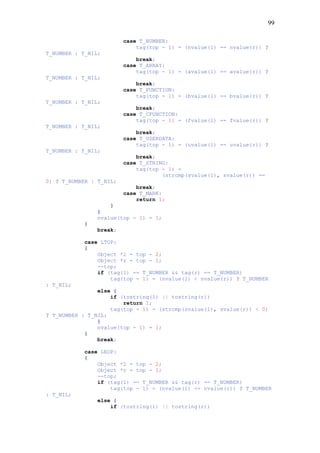 99
case T_NUMBER:
tag(top - 1) = (nvalue(l) == nvalue(r)) ?
T_NUMBER : T_NIL;
break;
case T_ARRAY:
tag(top - 1) = (avalue(l) == avalue(r)) ?
T_NUMBER : T_NIL;
break;
case T_FUNCTION:
tag(top - 1) = (bvalue(l) == bvalue(r)) ?
T_NUMBER : T_NIL;
break;
case T_CFUNCTION:
tag(top - 1) = (fvalue(l) == fvalue(r)) ?
T_NUMBER : T_NIL;
break;
case T_USERDATA:
tag(top - 1) = (uvalue(l) == uvalue(r)) ?
T_NUMBER : T_NIL;
break;
case T_STRING:
tag(top - 1) =
(strcmp(svalue(l), svalue(r)) ==
0) ? T_NUMBER : T_NIL;
break;
case T_MARK:
return 1;
}
}
nvalue(top - 1) = 1;
}
break;
case LTOP:
{
Object *l = top - 2;
Object *r = top - 1;
--top;
if (tag(l) == T_NUMBER && tag(r) == T_NUMBER)
tag(top - 1) = (nvalue(l) < nvalue(r)) ? T_NUMBER
: T_NIL;
else {
if (tostring(l) || tostring(r))
return 1;
tag(top - 1) = (strcmp(svalue(l), svalue(r)) < 0)
? T_NUMBER : T_NIL;
}
nvalue(top - 1) = 1;
}
break;
case LEOP:
{
Object *l = top - 2;
Object *r = top - 1;
--top;
if (tag(l) == T_NUMBER && tag(r) == T_NUMBER)
tag(top - 1) = (nvalue(l) <= nvalue(r)) ? T_NUMBER
: T_NIL;
else {
if (tostring(l) || tostring(r))
 
