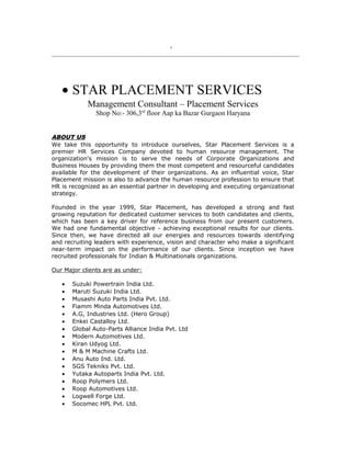 ,
• STAR PLACEMENT SERVICES
Management Consultant – Placement Services
Shop No:- 306,3rd
floor Aap ka Bazar Gurgaon Haryana
ABOUT US
We take this opportunity to introduce ourselves, Star Placement Services is a
premier HR Services Company devoted to human resource management. The
organization's mission is to serve the needs of Corporate Organizations and
Business Houses by providing them the most competent and resourceful candidates
available for the development of their organizations. As an influential voice, Star
Placement mission is also to advance the human resource profession to ensure that
HR is recognized as an essential partner in developing and executing organizational
strategy.
Founded in the year 1999, Star Placement, has developed a strong and fast
growing reputation for dedicated customer services to both candidates and clients,
which has been a key driver for reference business from our present customers.
We had one fundamental objective - achieving exceptional results for our clients.
Since then, we have directed all our energies and resources towards identifying
and recruiting leaders with experience, vision and character who make a significant
near-term impact on the performance of our clients. Since inception we have
recruited professionals for Indian & Multinationals organizations.
Our Major clients are as under:
• Suzuki Powertrain India Ltd.
• Maruti Suzuki India Ltd.
• Musashi Auto Parts India Pvt. Ltd.
• Fiamm Minda Automotives Ltd.
• A.G, Industries Ltd. (Hero Group)
• Enkei Castalloy Ltd.
• Global Auto-Parts Alliance India Pvt. Ltd
• Modern Automotives Ltd.
• Kiran Udyog Ltd.
• M & M Machine Crafts Ltd.
• Anu Auto Ind. Ltd.
• SGS Tekniks Pvt. Ltd.
• Yutaka Autoparts India Pvt. Ltd.
• Roop Polymers Ltd.
• Roop Automotives Ltd.
• Logwell Forge Ltd.
• Socomec HPL Pvt. Ltd.
 