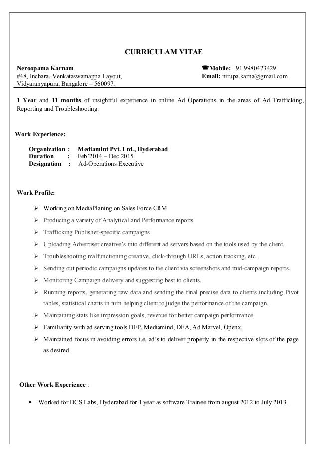 nirupama resume ad operations resume