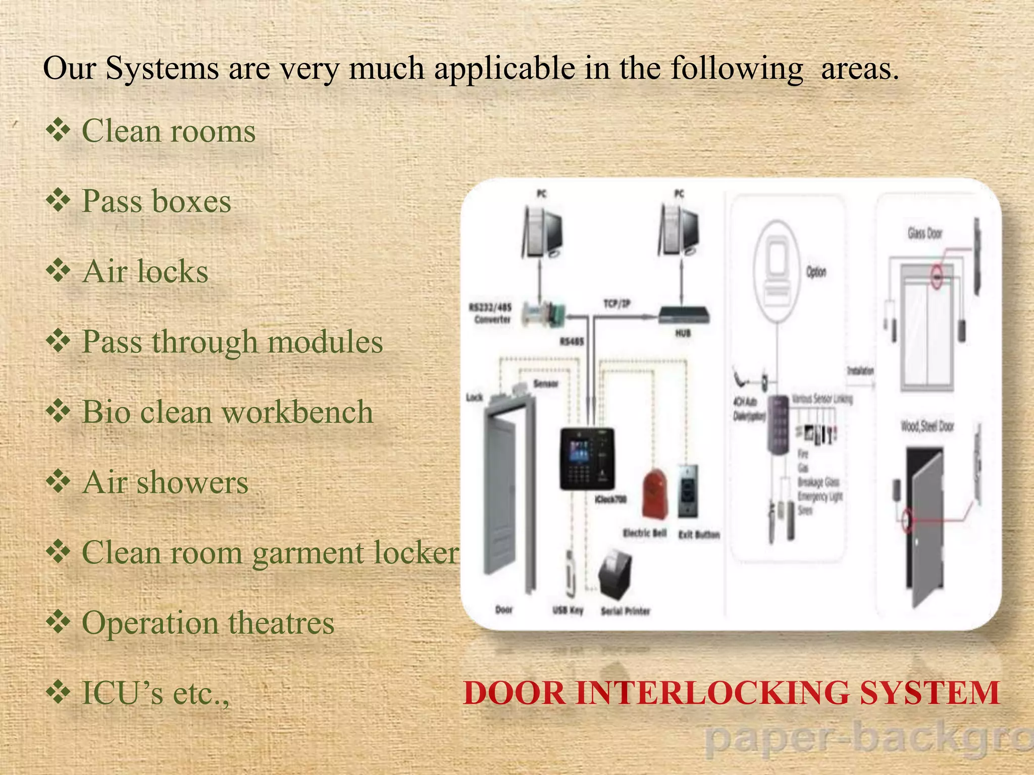 Our Systems are very much applicable in the following areas.
 Clean rooms
 Pass boxes
 Air locks
 Pass through modules
 Bio clean workbench
 Air showers
 Clean room garment locker
 Operation theatres
 ICU’s etc., DOOR INTERLOCKING SYSTEM
 