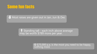 Some fun facts 
Most raises are given out in Jan, Jun & Dec 
Standing tall - each inch above average 
may be worth $789 more per year. 
 $75,000 p.a. is the most you need to be happy, 
nothing more 
 