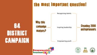 EVENT
PARTICULA
RS

64
DISTRICT
CAMPAIGN

the most important question!
Recognizing talents

Why this
campaign
matters?

Inspiring leadership

Empowering youth

Creating 2000
entrepreneurs

 