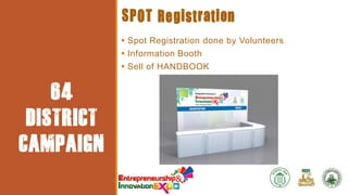 EVENT
PARTICULA
RS

64
DISTRICT
CAMPAIGN

SPOT Registration
 Spot Registration done by Volunteers
 Information Booth
 Sell of HANDBOOK

 