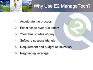 1. Accelerate the process

2. Exact scope over 100 times!

3. “Yes” has shades of grey

4. Software success triangle

5. Requirement and budget optimization

6. Negotiating leverage
 