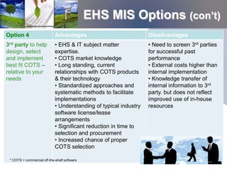 EHS MIS Options (con’t)
Option 4                     Advantages                            Disadvantages
3rd party to help            • EHS & IT subject matter             • Need to screen 3rd parties
design, select               expertise.                            for successful past
and implement                • COTS market knowledge               performance
best fit COTS –              • Long standing, current              • External costs higher than
relative to your             relationships with COTS products      internal implementation
needs                        & their technology                    • Knowledge transfer of
                             • Standardized approaches and         internal information to 3rd
                             systematic methods to facilitate      party. but does not reflect
                             implementations                       improved use of in-house
                             • Understanding of typical industry   resources
                             software license/lease
                             arrangements
                             • Significant reduction in time to
                             selection and procurement
                             • Increased chance of proper
                             COTS selection

 * COTS = commercial off-the-shelf software
 