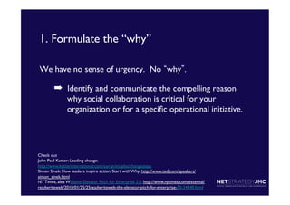1. Formulate the “why”	

We have no sense of urgency. No why . 	


➡  Identify and communicate the compelling reason
why social collaboration is critical for your
organization or for a speciﬁc operational initiative.	


Check out 	

John Paul Kotter: Leading change:
http://www.kotterinternational.com/our-principles/changesteps	

Simon Sinek: How leaders inspire action. Start with Why: http://www.ted.com/speakers/
simon_sinek.html	

NY Times, alex Williams: Elevator Pitch for Enterprise 2.0: http://www.nytimes.com/external/
readwriteweb/2010/01/25/25readwriteweb-the-elevator-pitch-for-enterprise-20-24340.html	

	


 