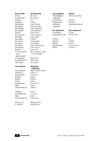 Pour la fête           For the party          Les magasins           Shops
Il faut …              We must …              la boulangerie-        bakery/cake shop
Il ne faut pas         We mustn’t               pâtisserie
acheter …              buy                    la boucherie           butcher’s
un gâteau              a cake                 la pharmacie           chemist’s
des biscuits           some biscuits          la librairie-          bookshop/stationer’
des crêpes             some pancakes            papeterie             s
des beignets           some doughnuts
des tomates            some tomatoes          Au restaurant          At a restaurant
du pain                some bread             Je voudrais …          I’d like …
des saucisses          some sausages          Je prends le/la/ les   I’ll have the …
des chips              some crisps             …
une salade             a salad                comme …                for …
des raisins            some grapes            boisson                a drink
un ananas              a pineapple            dessert                dessert
des fraises            some strawberries      plat principal         a main course
du fromage             some cheese            entrée                 a starter
du thon                some tuna
Tu veux venir à        Do you want to come
  mon                   to my birthday?
  anniversaire?
C’est quand?           When is it?
À quelle heure?        What time?
Oui, super!            Yes, great!

Les courses            Doing the
                        shopping
Vous désirez?          What would you like?
un kilo de …           a kilo of …
cinq kilos de …        5 kilos of …
pommes                 apples
pêches                 peaches
raisins                grapes
un paquet de …         a packet of …
chips                  crisps
250 grammes de         250g of …
  …
fromage                cheese
une canette de …       a can of …
fanta                  fanta
une bouteille de       a bottle of …
  …
Et avec ça?            Anything else?
C’est tout.            Nothing else.




 76   soixante-seize                                 Expo 2 © Harcourt Education Limited 2004
 