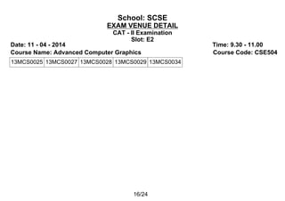 School: SCSE
EXAM VENUE DETAIL
CAT - II Examination
Slot: E2
Date: 11 - 04 - 2014 Time: 9.30 - 11.00
Course Name: Advanced Computer Graphics Course Code: CSE504
13MCS0025 13MCS0027 13MCS0028 13MCS0029 13MCS0034
16/24
 