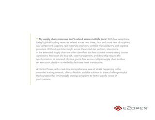 • My supply chain processes don’t extend across multiple tiers! With few exceptions,
today’s global trading networks extend across two, three, four, and more tiers of suppliers,
sub-component suppliers, raw materials providers, contract manufacturers, and logistics
providers. Without real-time insight across these next-tier partners, disruptions
in the extended supply chain are often identified too late to make money-saving course
corrections. Processes like buy-sell, cost management, and drop-ship require the
synchronization of data and physical goods flow across multiple supply chain entities.
An execution platform is needed to facilitate these transactions.

A Control Tower, with a real-time comprehensive view of what’s happening in the
extended trading network, offers a flexible, scalable solution to these challenges—plus
the foundation for innumerable strategic programs to fit the specific needs of
your business.
 