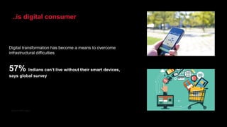 ..is digital consumer
Digital transformation has become a means to overcome
infrastructural difficulties
Source: PWC report
57% Indians can’t live without their smart devices,
says global survey
 