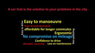 Easy to manoeuvre
affordable for longer commutes
faster to reach destination
affordable ownership
No compromise on mileage
Low on maintenance
Confidence to drive
Ergonomic
Nonpolluting
A car that is the solution to your problems in the city
Easytodrive
 