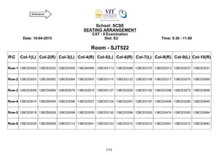 School: SCSE
SEATING ARRANGEMENT
CAT - II Examination
Date: 10-04-2015 Slot: E2 Time: 9.30 - 11.00
Room - SJT522
RC Col-1(L) Col-2(R) Col-3(L) Col-4(R) Col-5(L) Col-6(R) Col-7(L) Col-8(R) Col-9(L) Col-10(R)
Row-1 12BCE0002 12BCE0222 12BCE0059 13BCB0060 12BCE0113 13BCE0086 12BCE0157 13BCE0313 12BCE0237 13BCE0531
Row-2 12BCE0003 12BCS0082 12BCE0064 13BCE0007 12BCE0115 13BCE0123 12BCE0158 13BCE0317 12BCE0270 13BCE0569
Row-3 12BCE0008 12BCS0089 12BCE0079 13BCE0010 12BCE0127 13BCE0250 12BCE0192 13BCE0396 12BCE0272 13BCE0609
Row-4 12BCE0015 13BCB0006 12BCE0096 13BCE0027 12BCE0129 13BCE0291 12BCE0197 13BCE0406 12BCE0290 13BCE0645
Row-5 12BCE0019 13BCB0028 12BCE0099 13BCE0035 12BCE0130 13BCE0296 12BCE0200 13BCE0474 12BCE0300 13BCE0664
Row-6 12BCE0039 13BCB0059 12BCE0112 13BCE0041 12BCE0133 13BCE0312 12BCE0210 13BCE0491 12BCE0312 13BCE0683
1/13
 