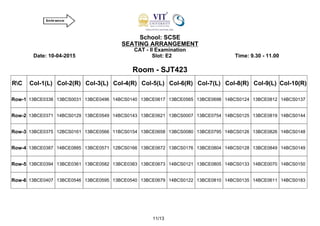 School: SCSE
SEATING ARRANGEMENT
CAT - II Examination
Date: 10-04-2015 Slot: E2 Time: 9.30 - 11.00
Room - SJT423
RC Col-1(L) Col-2(R) Col-3(L) Col-4(R) Col-5(L) Col-6(R) Col-7(L) Col-8(R) Col-9(L) Col-10(R)
Row-1 13BCE0338 13BCS0031 13BCE0496 14BCS0140 13BCE0617 13BCE0565 13BCE0698 14BCS0124 13BCE0812 14BCS0137
Row-2 13BCE0371 14BCS0129 13BCE0549 14BCS0143 13BCE0621 13BCS0007 13BCE0754 14BCS0125 13BCE0819 14BCS0144
Row-3 13BCE0375 12BCS0161 13BCE0566 11BCS0154 13BCE0658 13BCS0080 13BCE0795 14BCS0126 13BCE0826 14BCS0148
Row-4 13BCE0387 14BCE0885 13BCE0571 12BCS0166 13BCE0672 13BCS0176 13BCE0804 14BCS0128 13BCE0849 14BCS0149
Row-5 13BCE0394 13BCE0361 13BCE0582 13BCE0383 13BCE0673 14BCS0121 13BCE0805 14BCS0133 14BCE0070 14BCS0150
Row-6 13BCE0407 13BCE0546 13BCE0595 13BCE0540 13BCE0679 14BCS0122 13BCE0810 14BCS0135 14BCE0611 14BCS0183
11/13
 