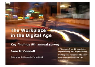 The Workplace
in the Digital Age
Key findings 9th annual survey
Jane McConnell
Enterprise 2.0 Summit, Paris, 2015
373 people from 26 countries
representing 280 organizations.
Participants responded to an in-
depth online survey of 140
questions.
 