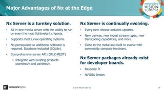 Nx Server is a turnkey solution.
• All-in-one media server with the ability to run
on even the most lightweight chipsets.
...