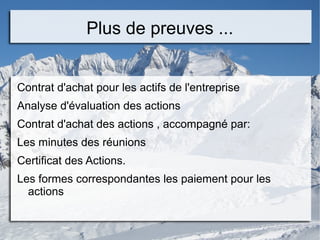 Plus de preuves ...
Contrat d'achat pour les actifs de l'entreprise
Analyse d'évaluation des actions
Contrat d'achat des actions , accompagné par:
Les minutes des réunions
Certificat des Actions.
Les formes correspondantes les paiement pour les
actions
 