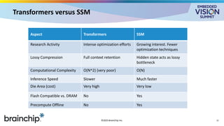 Transformers versus SSM
©2025 BrainChip Inc. 12
Aspect Transformers SSM
Research Activity Intense optimization efforts Growing interest. Fewer
optimization techniques
Lossy Compression Full context retention Hidden state acts as lossy
bottleneck
Computational Complexity O(N^2) (very poor) O(N)
Inference Speed Slower Much faster
Die Area (cost) Very high Very low
Flash Compatible vs. DRAM No Yes
Precompute Offline No Yes
 