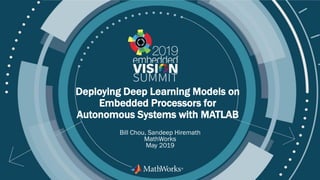 © 2019 MathWorks, Inc.
Deploying Deep Learning Models on
Embedded Processors for
Autonomous Systems with MATLAB
Bill Chou, Sandeep Hiremath
MathWorks
May 2019
 