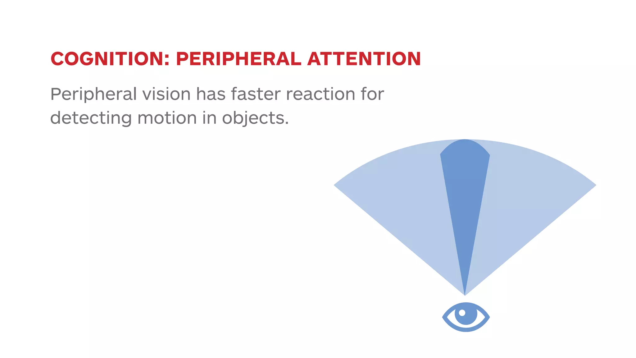 COGNITION: PERIPHERAL ATTENTION 
Peripheral vision has faster reaction for 
detecting motion in objects. 
 